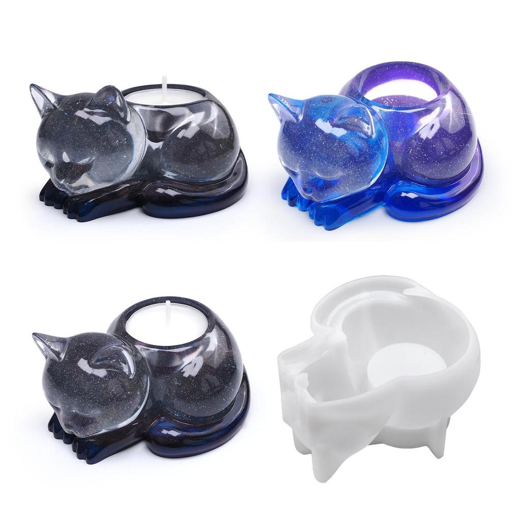 1PC Diy Crystal Dropper Resin Cat Candle Holder Animal Ornament Mirror Silicone Mold