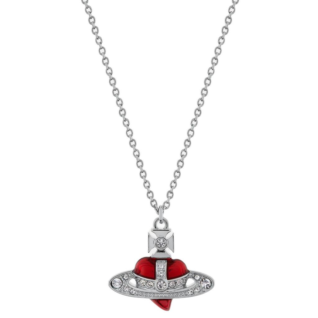 VIVIENNE WESTWOOD Diamante Heart Saturn Shape Pendant Necklace Unisex Necklace Silver Red 630203BM-02P383-CN