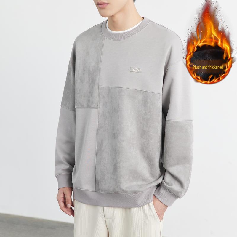 Men s Velvet Suede Patchwork Round Neck Hoodie - 2025 Autumn/Winter Trendy Pullover L