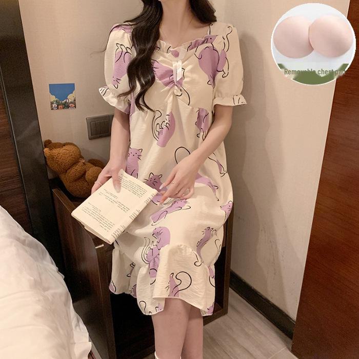 

Ночная рубашка с короткими рукавами и нагрудной подкладкой 2024 года – Милый хлопковый облачный стиль в стиле мультяшной принцессы Extra Large (XL)