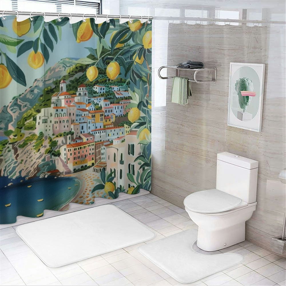 Charming Mediterranean Village Waterproof Shower Curtain - Vibrant Lemon Tree Design for a Coastal and Inviting Bathroom Decor