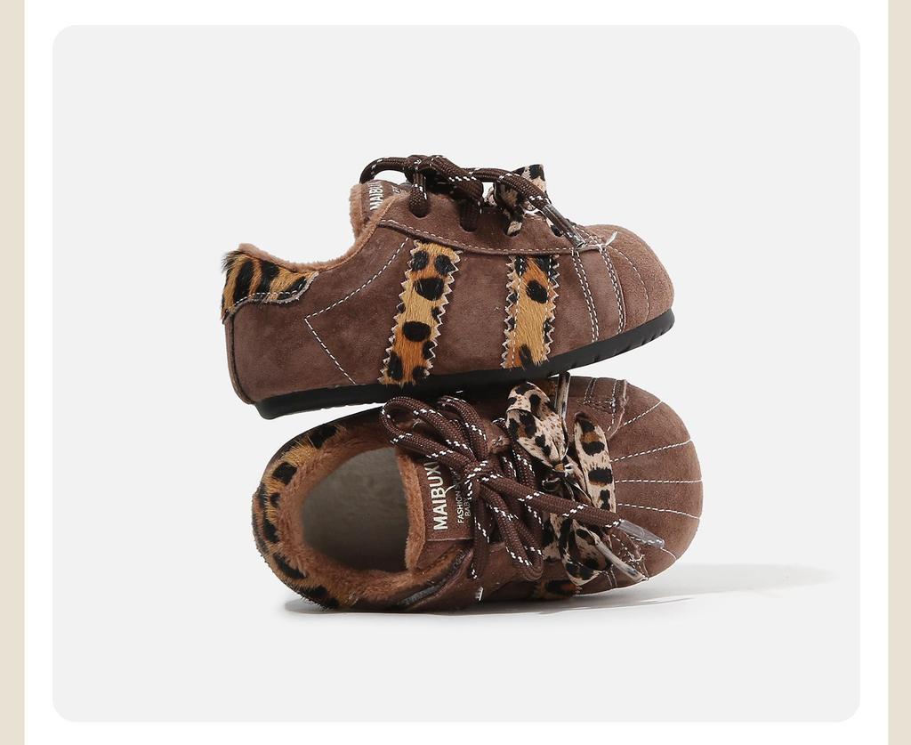 2025 Winter Leopard Print Retro Cotton Baby Shoes - Velvet Lined, Warm, Versatile, Casual German Training Design