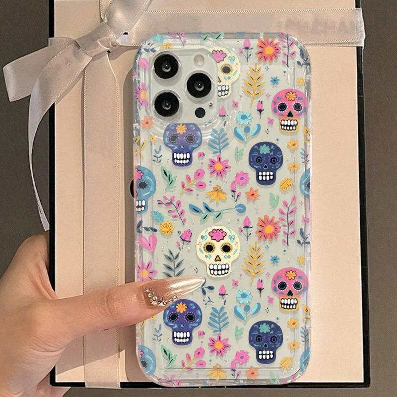 Colored skull flower applies to iPhone16Pro Apple 15Pro mobile phone case 14 transparent 13 airbag 12 burst