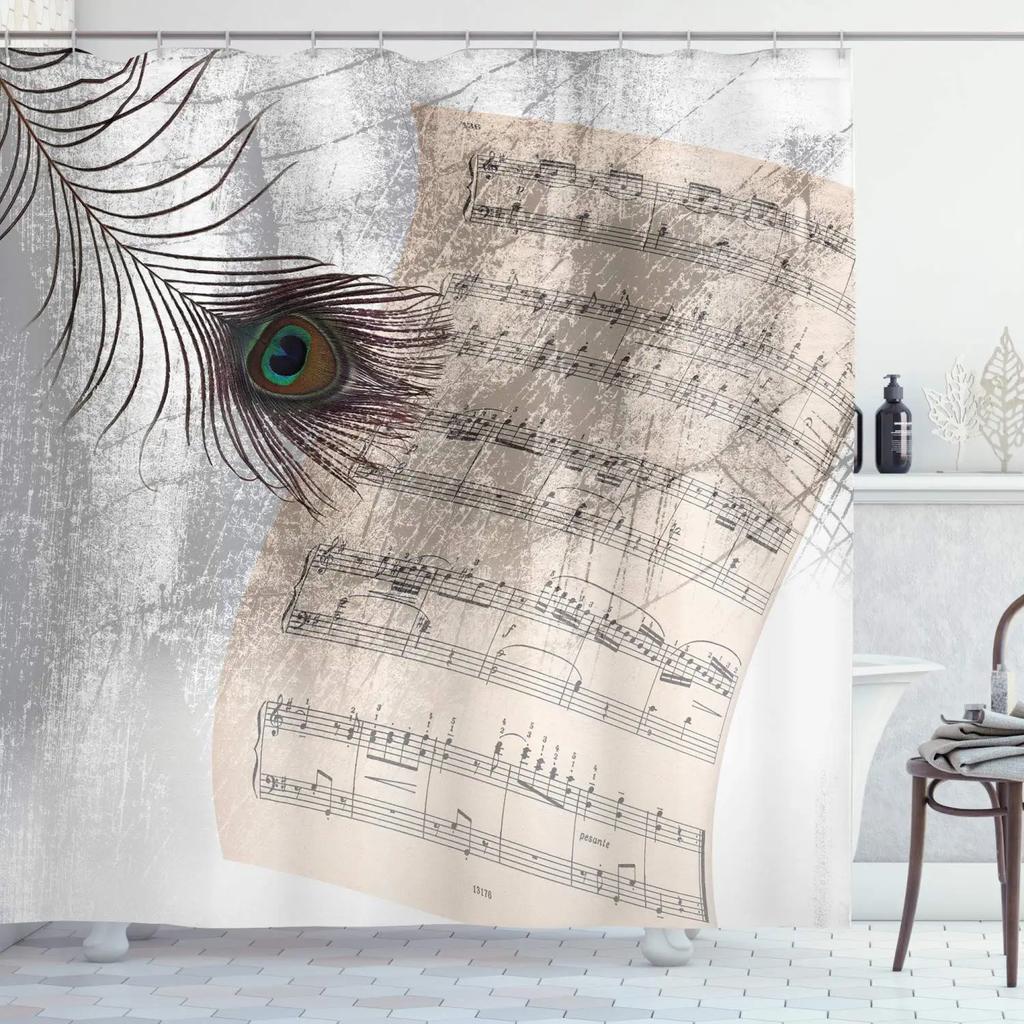 Music Shower Curtain,Black And White Music Notes Bathroom Shower Curtains Polyester Fabric Fashion Gray Bathroom Set With Hooks