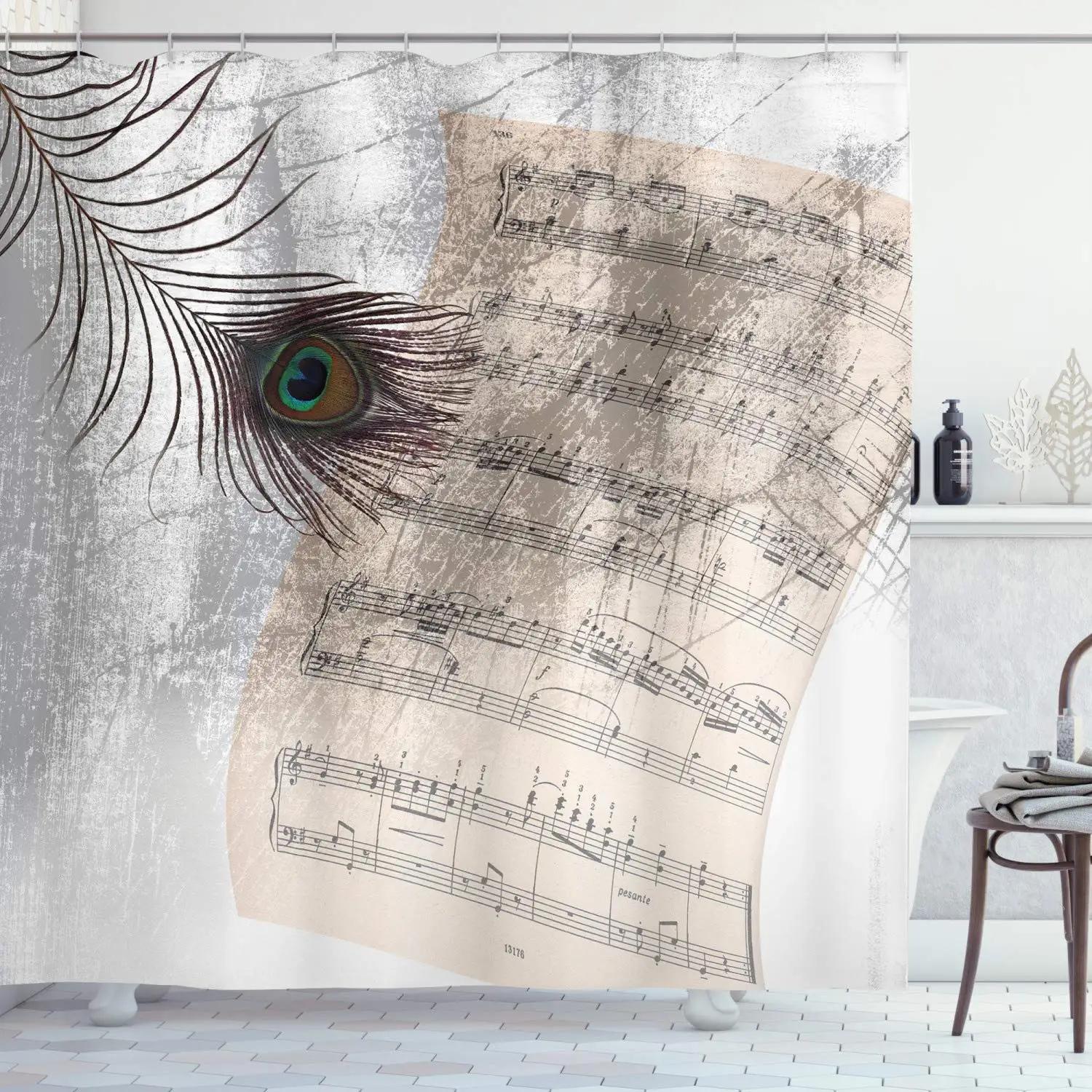 

Music Shower Curtain,Black and White Music Notes Bathroom Shower Curtains Polyester Fabric Fashion Gray Bathroom Set with Hooks W90xH180cm