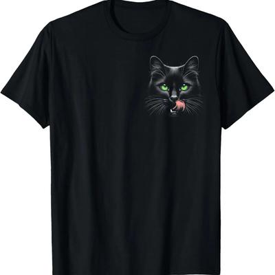 Cool Black Cat with Green Eyes On Chest T-Shirt