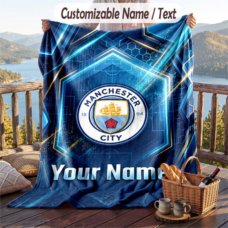 Flannel Blanket Manchester City Print Custom Name Text Soft Throw for Sofa Bed