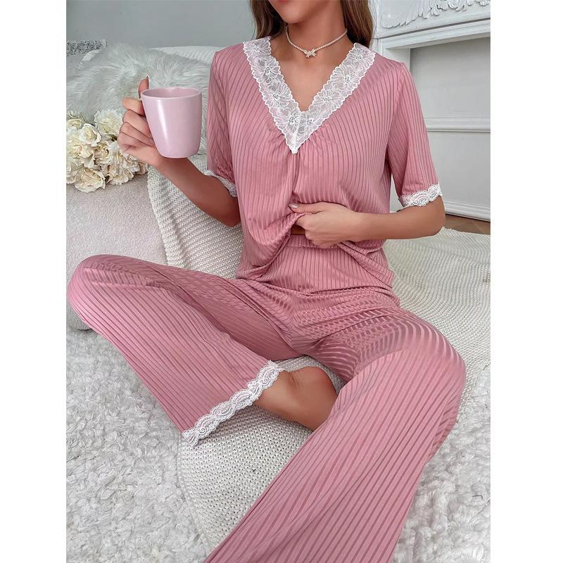 

Летняя новая милая кружевная пижама, полосатые брюки с V-образным вырезом, комплект из двух предметов для дома XL