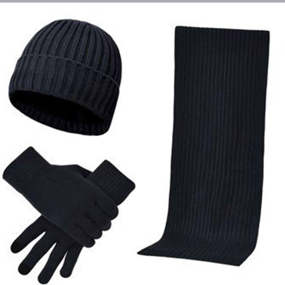 Soft Hat Scarf Gloves Set Solid Color Winter Cable Beanie Hat Touchscreen Gloves for 3Pcs/Set Men