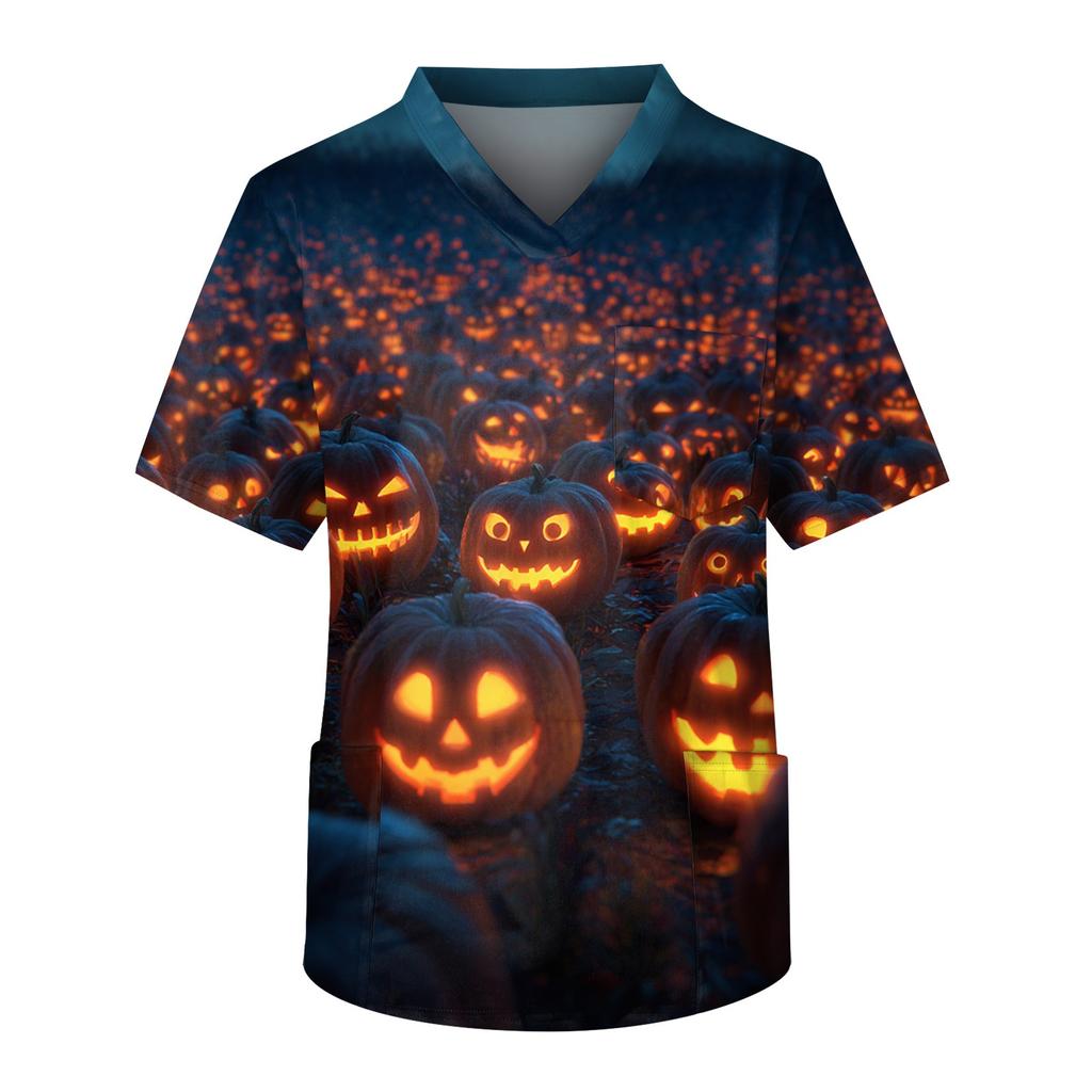 Men's Short Sleeve V-Neck Halloween Print Chest Pocket Care Top