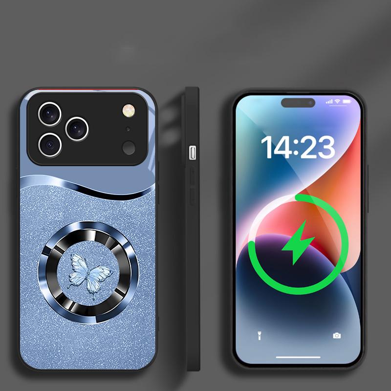 Circular metal butterfly For iPhone 16E 15 Pro 14 13 Plus 12 mini 11 15Pro 14Max XR Xs 8 P lus 16 For Magsafe Glass Phone Case