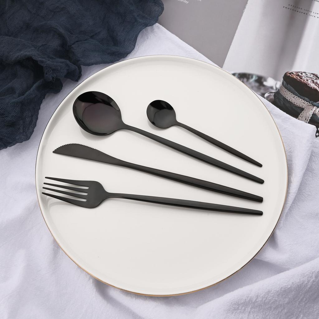 Shiny Black Dinnerware Set Korean Flatware Set Dinner Knife Fork Spoon Teaspoon Tableware Stainless Steel Cutlery Family Eating Utensils