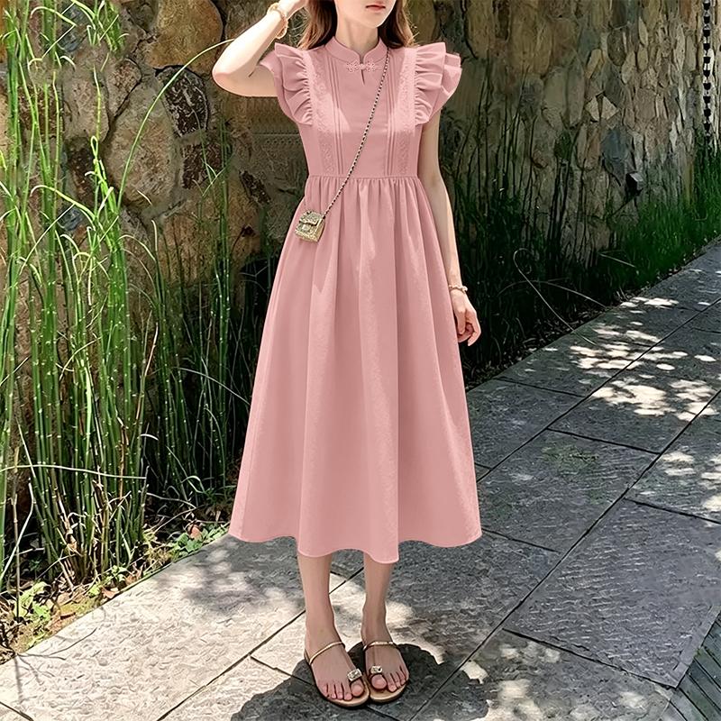 

ZANZEA Women Casual Stand Collar Fly Sleeve Summer Elegant Dress 2XL рожевий