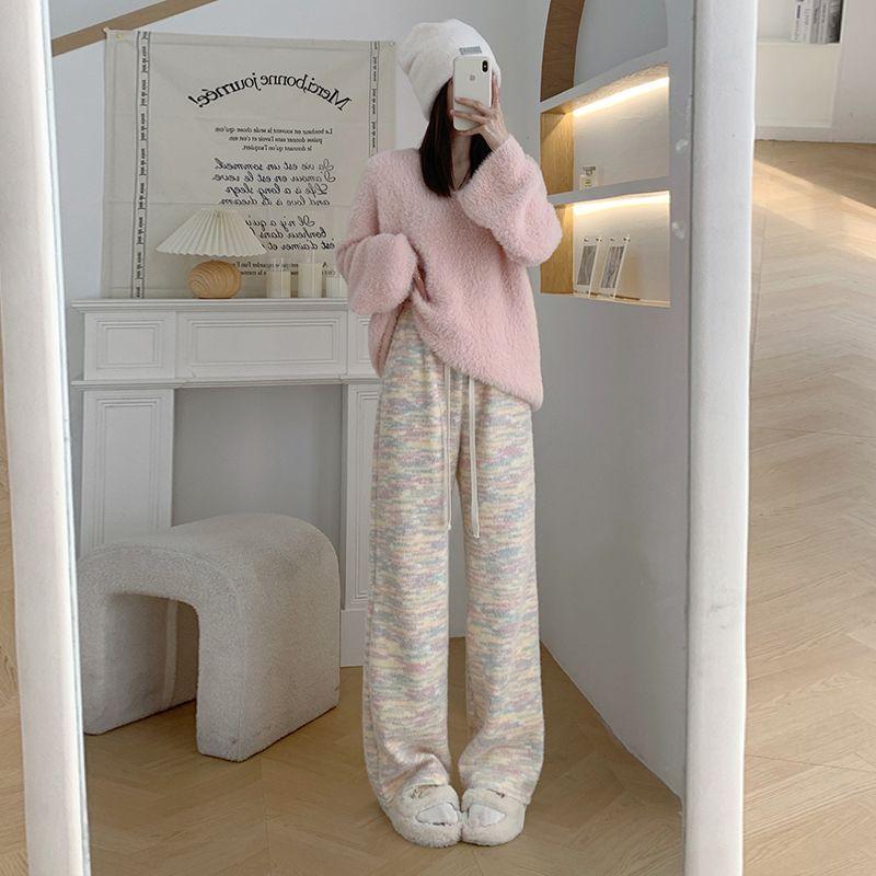 

100.00kg Fleece-lined Thick Mink Wool Knitted Glutinous Rice Pants Women s Autumn and Winter Rainbow Casual Export Oversize Women s Clothing Tide Stripes not Fleece-lined 2XL