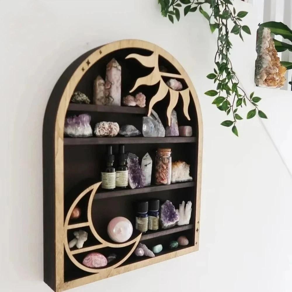 Wooden Material Wood Storage Shelf Crescent Sun Design Moon Design Wall Shelf Vintage Style Bohemian Style Floating Shelves