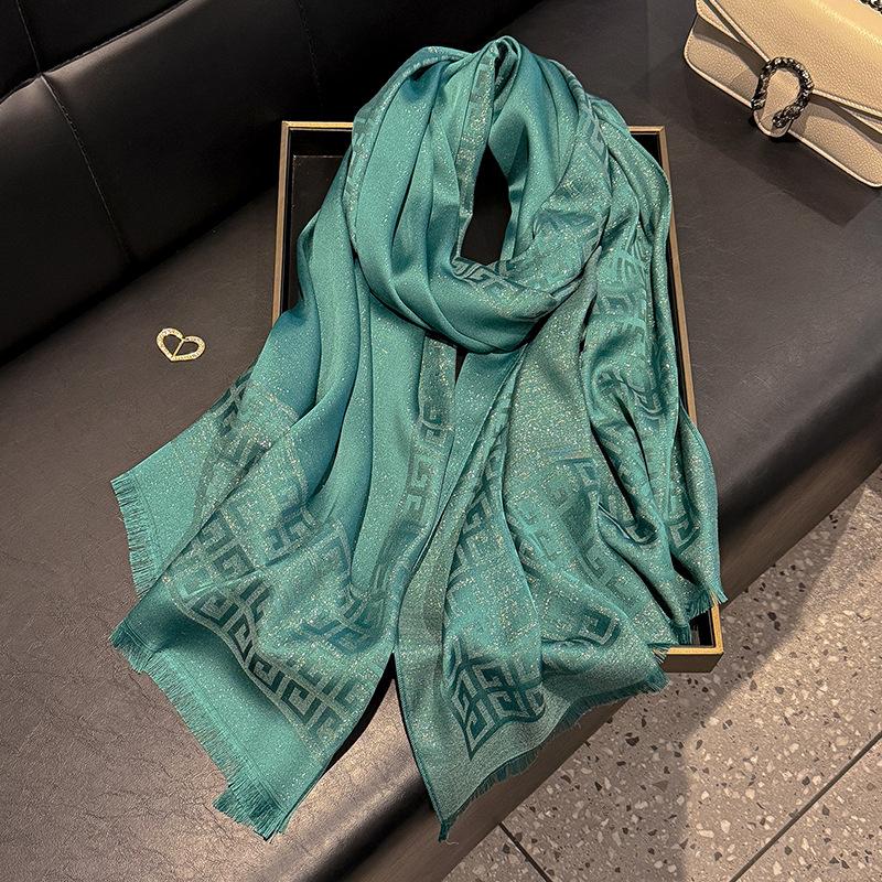 Long Scarf Fashion Simulation Silk Scarf Women'S Fashion Versatile Scarf Shawl Dustproof Premium Tencel Cotton Gold Silk