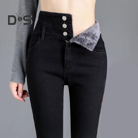 Women Winter Jeans High Waist Faux Fur Lining Slim Fit Button Closure Soft Warm Thick Solid Color Pockets Pencil Pants Lady Autumn Trousers