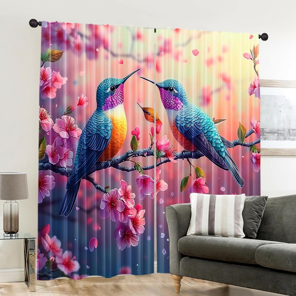 Set aus 2 flachen Fenstervorhängen Charmante Kolibris Vielseitiges Polyester Ohne Strom Familienfeier Mehrzweck-Veranstaltungsvorhang