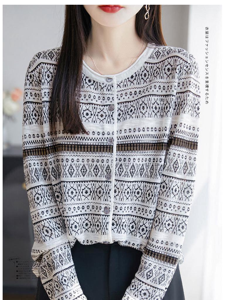 Women's Retro Jacquard Knit Cardigan - Spring/Summer, Round Neck, Long Sleeve, Loose Fit, Casual & Versatile.