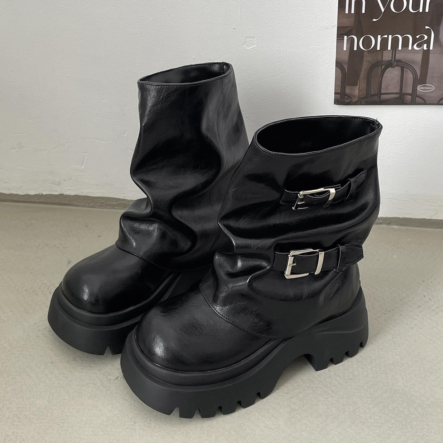 

Black retro British style thick-soled thick-heeled Martin boots women s 2025 new autumn height-increasing and thin trousers short boots 35 чёрный