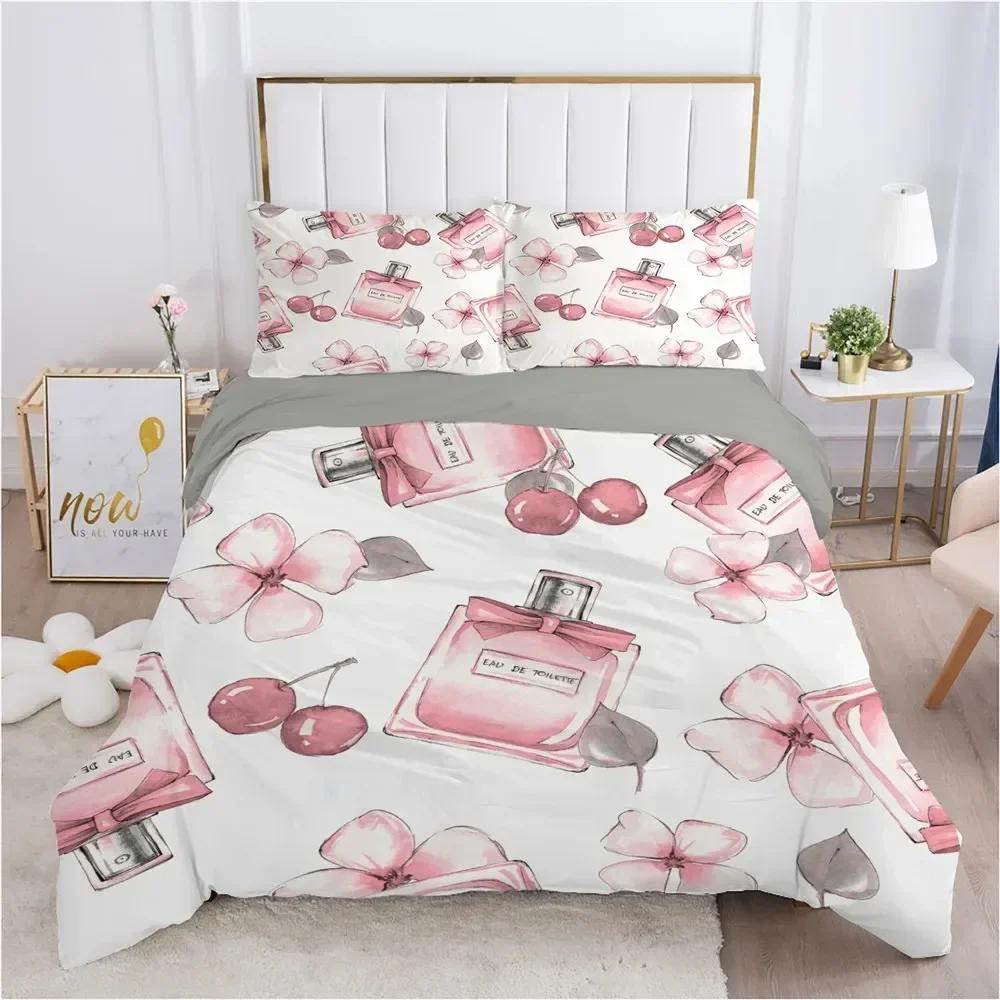 Perfume Floral Duvet Cover Set Pink Makeup Bedding Set With Pillowcase,Girls Women Romantic Fashion Gifts Comforter Cover Set