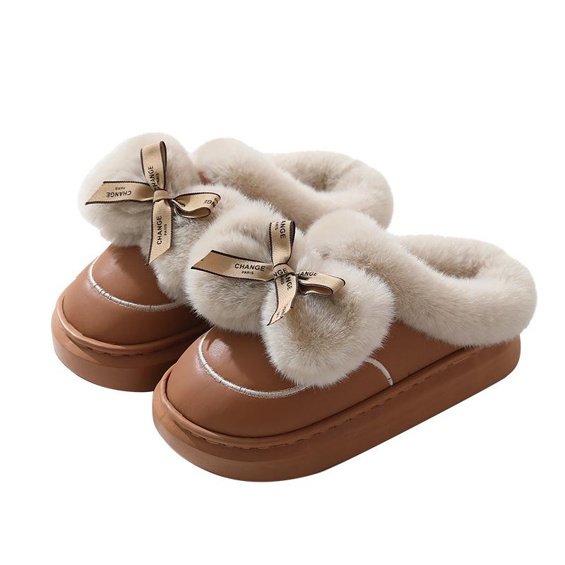 Waterproof Leather Bow Fur Women's Slippers - Thick, Cute, Relaxing Cotton Indoor/Outdoor Shoes