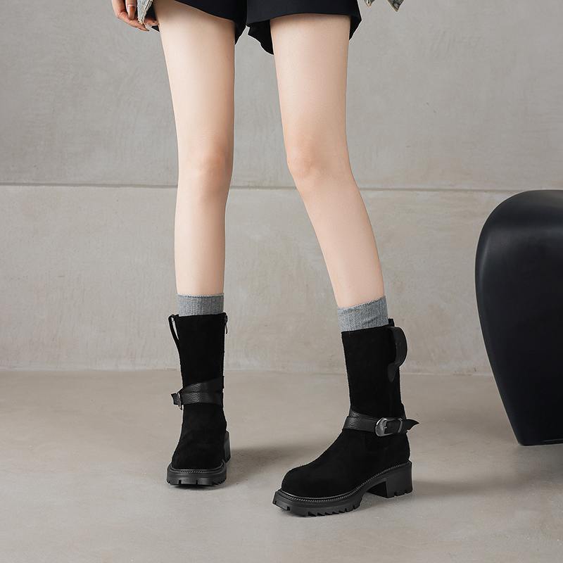 Krazing Pot Fashion Cow Suede Nubuck Winter Round Toe Modern Boots Med Heels Zipper Metal Buckle Mid-calf Boots