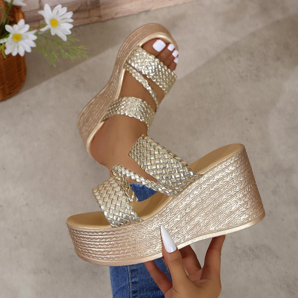 Fashion Aphixta Summer 9cm High Heels Wedge Heels Slippers Weave Women Platform Sandals Clog Shoes Slides Gold Shoes Size 43