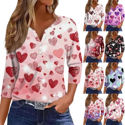 Damenmode Knopfleiste V-Ausschnitt Dreiviertelarm Valentinstag-Print Top