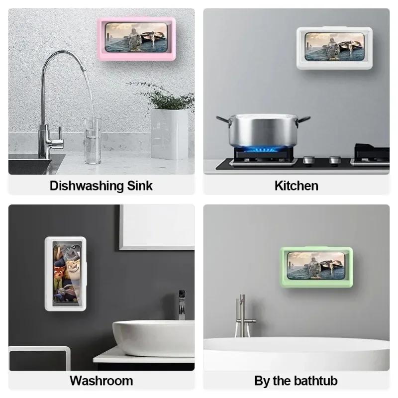 Bathroom Waterproof Phone Case Home Wall Holder Stand Box Self-adhesive Touch Screen Mobile Phone Cover Shower Sealing Storage