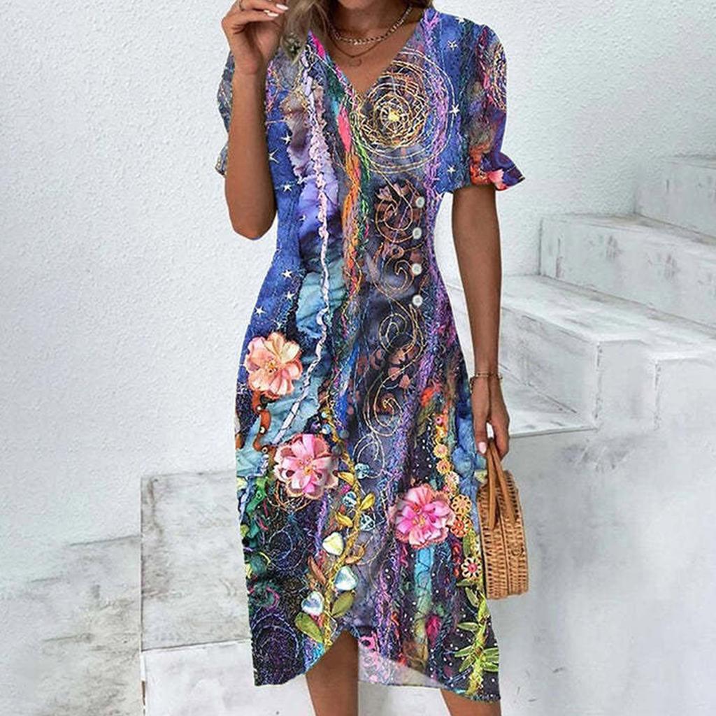 Dámské letní ležérní šaty s výstřihem do V Boho Ditsy s květinovým vzorem se zavinovacím lemem