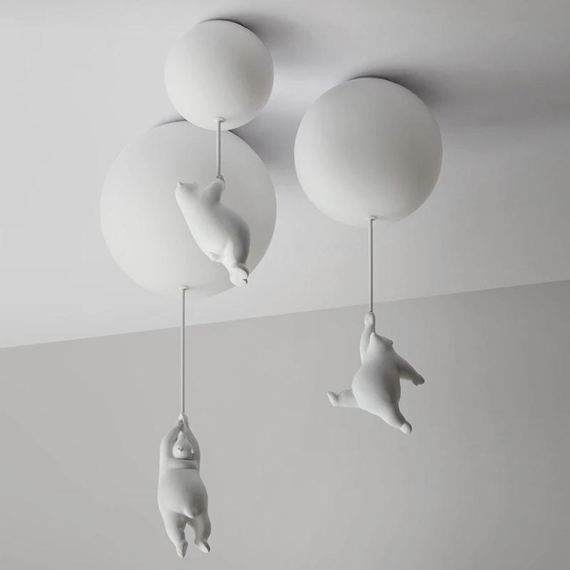 Modern Polar Bear Pendant Chandelier Creative Mike White Glass Ball Resin Indoor Kid Children Kindergarten Hanging Led Lamp