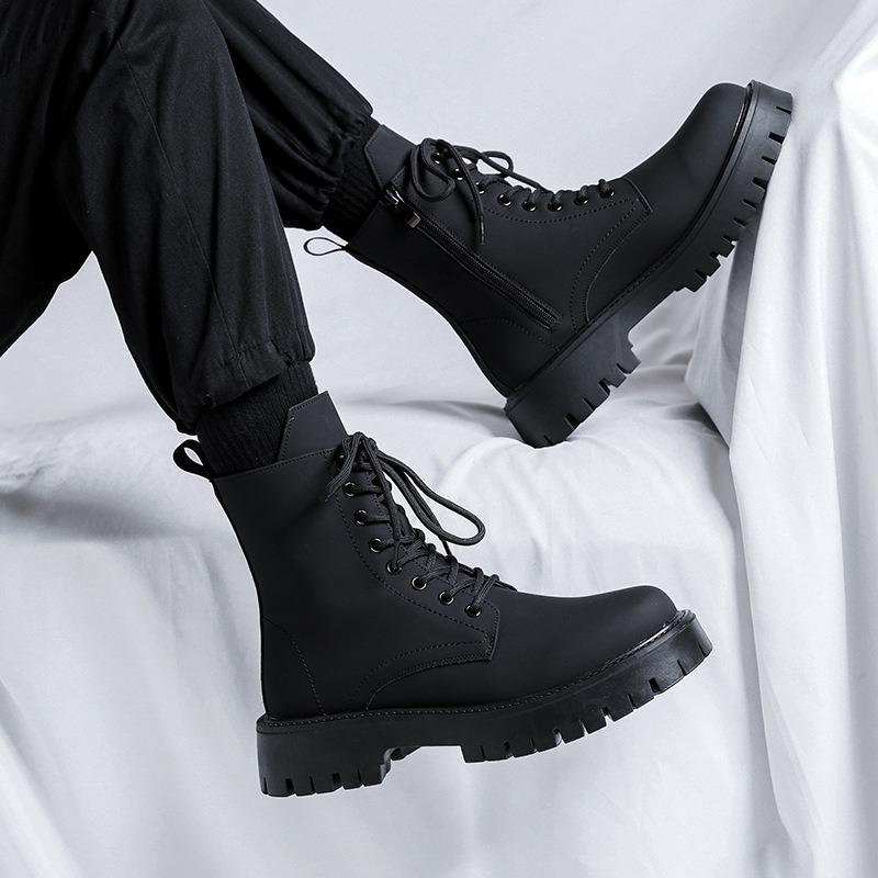 2026New Men's Boots Fashion High Top Motorcycle Boots British Casual Leather Boot Plush Warm Winter Boots for Men Platform Botas