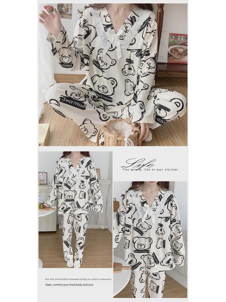 Women's Plus Size Cute Sweet Princess Pajamas - Long-Sleeved Trousers for Spring & Autumn 2024