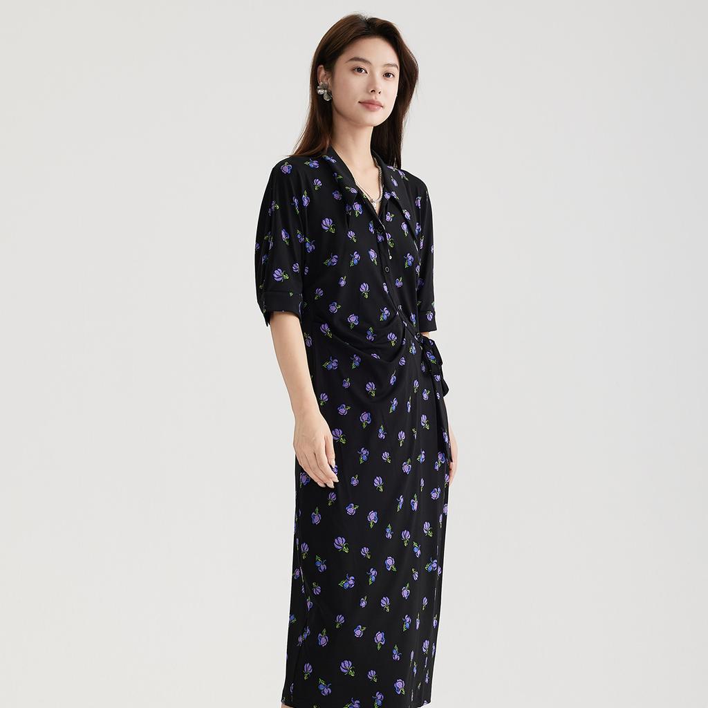 Ladies' Temperament Short-sleeved Dress 2025 Summer Floral Dress, High-end Feeling, Slim and Thin, Medium To Long Skirt