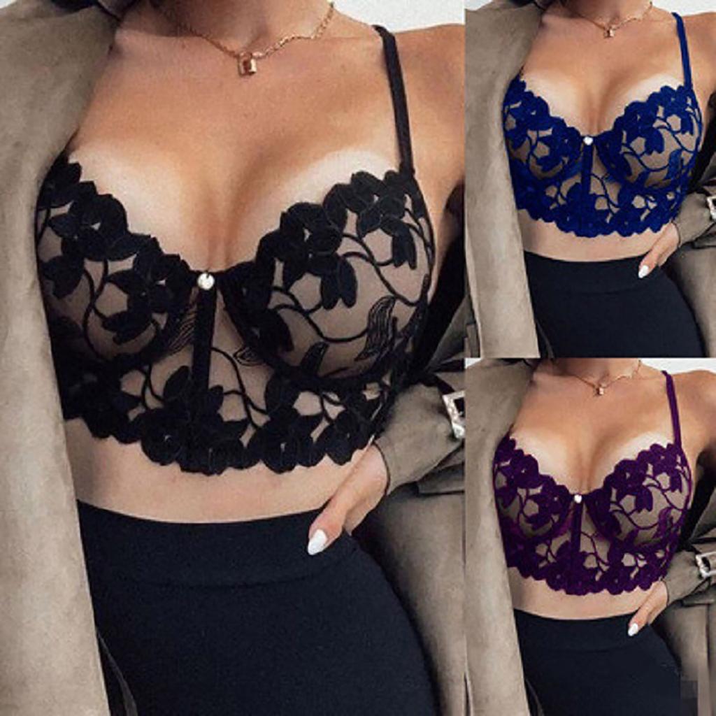 Women Lace Bralette Sheer Floral Embroidered Longline Bra Adjustable Straps Wirefree Underwear Crop Top Lingerie