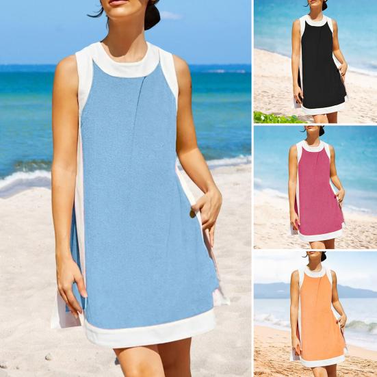 Two Piece Set for Women Summer Boho Color Block Outfits Sleeveless Crewneck Side Slit Mini Dress Casual Lounge Short Sets