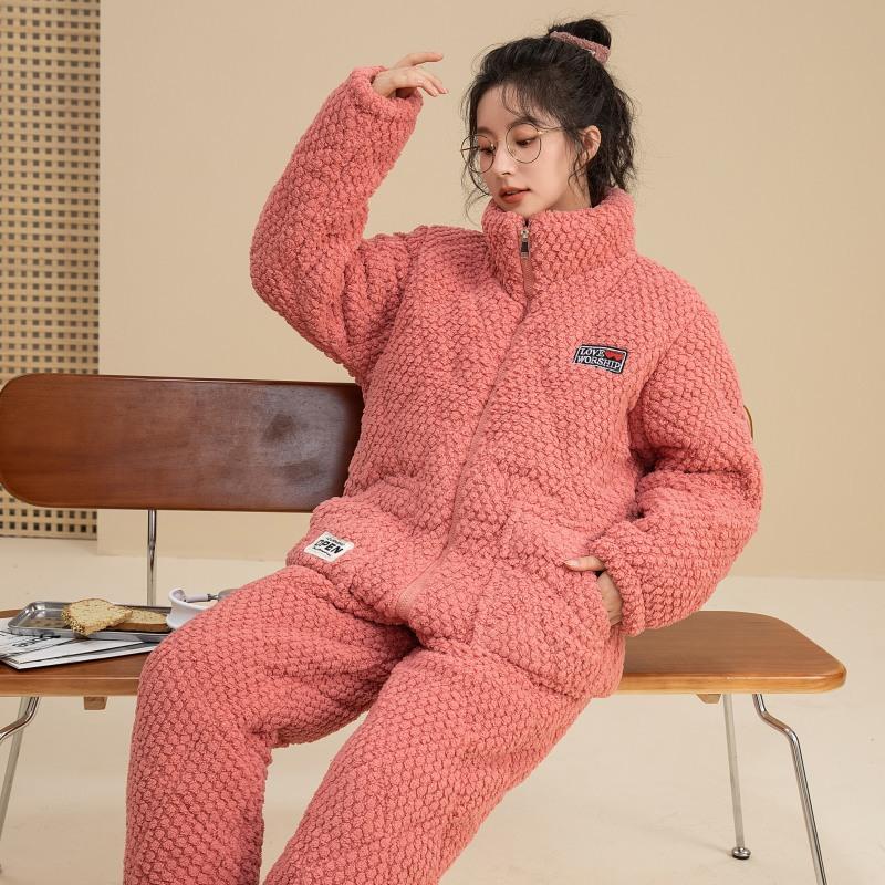 Thickened And Velvet Three-Layer Padded Pajamas Women'S Winter Coral Fleece New Large-Size Loungewear Simple And Casual
