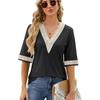 Spring Summer V-neck Gold Lace Patchwork Five Quarter Sleeve Loose T-shirt Top for Women