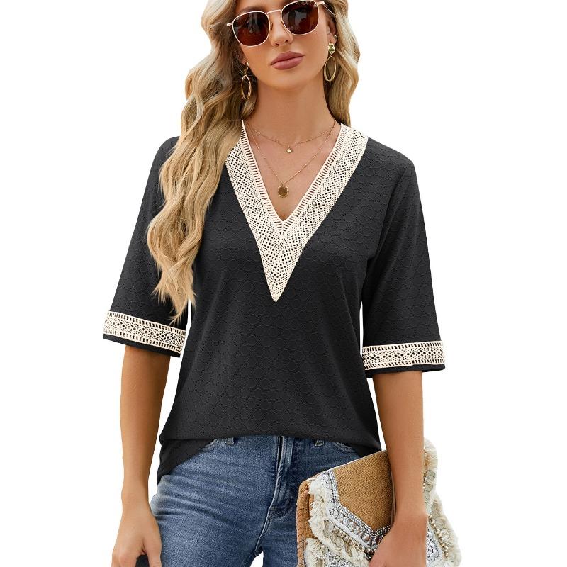Spring Summer V-neck Gold Lace Patchwork Five Quarter Sleeve Loose T-shirt Top for Women