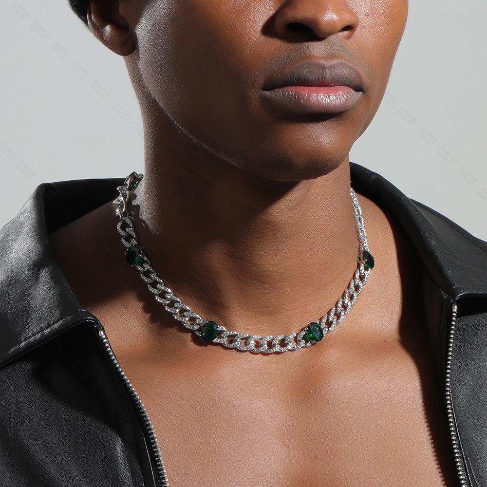 

Мужское изысканное европейское и американское хип-хоп ожерелье с овальным изумрудом и цирконом, кубинская цепочка, 9 мм