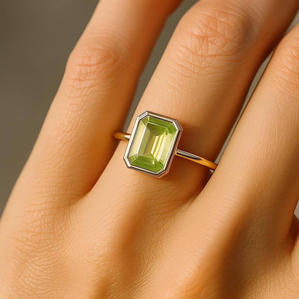 Emerald Cut Green Peridot Stone Gold Plated Ring for Women – Elegant Fashion Jewelry