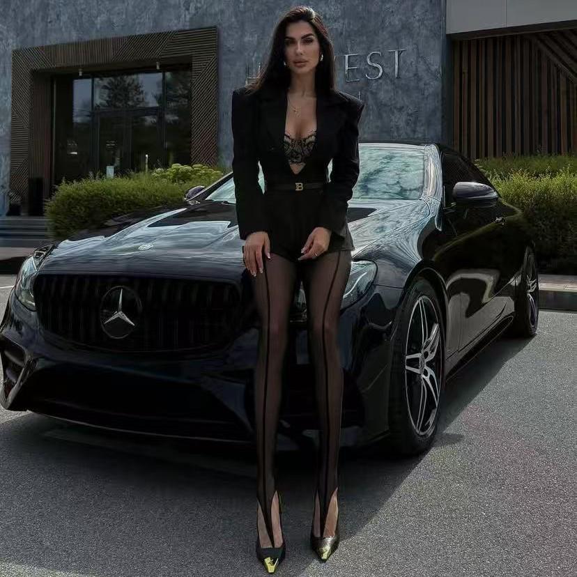 2025 Trendy Black Striped Split-Leg Anti-Snag Tights for Women