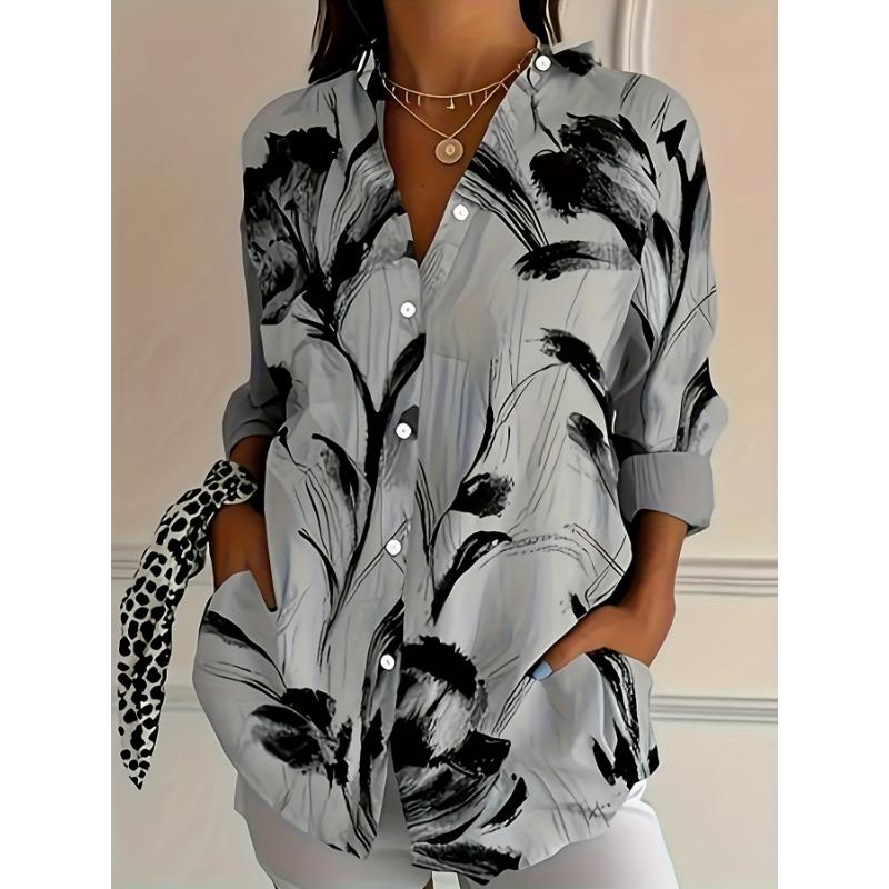 Fashion Commute Home Art Floral Print Women'S Plus Size Button-Up Long Sleeve Collared Shirt