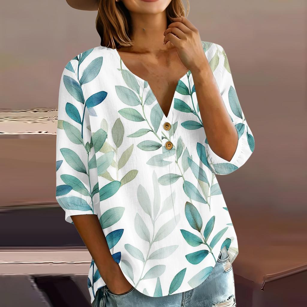 Women Henley Neck Button Front Cotton Linen Shirt with Leaf Print Three Quarter Sleeves Relaxed Fit Blouse Top