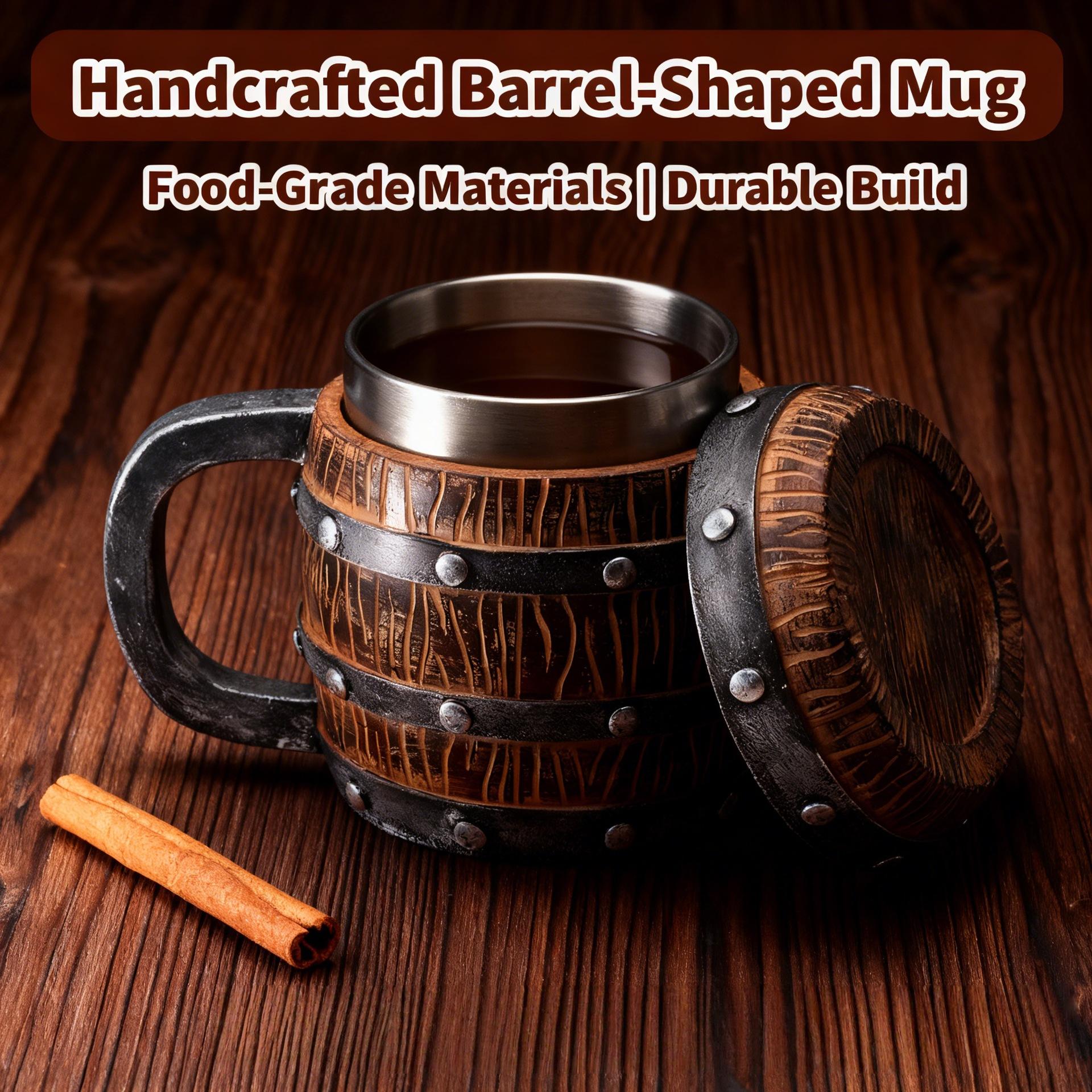 Stainless steel liner wooden barrel shape with lid mug, oak texture rivet decorative beer mug,