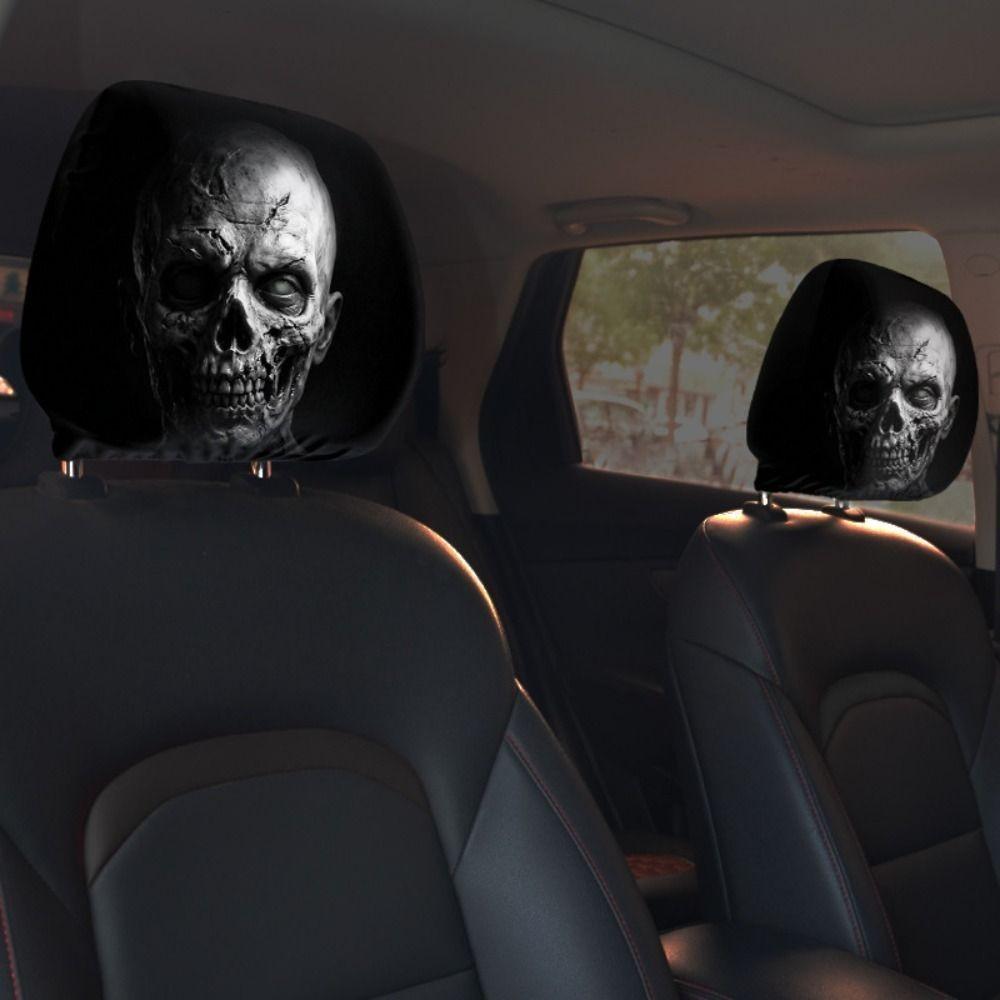 1pair Elastic Fabric Skull Headrest Cover Universal Fit Halloween Auto Slipcover Punk Drivers
