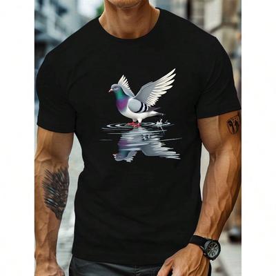 Reflection Detailed Pigeon Illustration Print MenS Round Crew Neck Short Sleeve Tee Casual T ShirtCasual Comfy Lightweight
