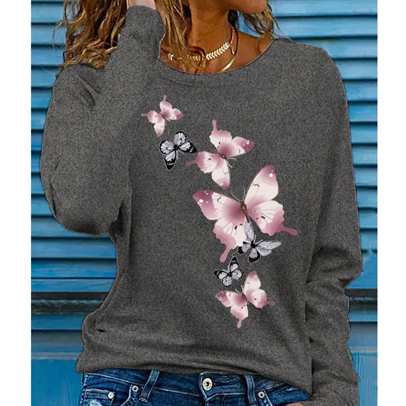 

2025 Осень и Зима Женский Новый Повседневный Топ с Круглым Вырезом и Длинным Рукавом с 3D-Принтом Бабочек 8XL серый