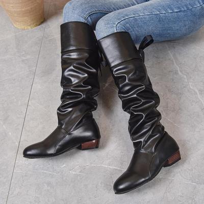 Women's Pleated Low-Heeled High Boots - Size 43, Large Back Strap, Autumn/Winter European & American Style